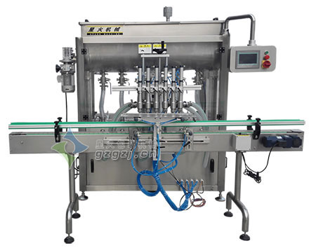 六頭紅油灌裝機(jī)，臥式攪拌大顆粒醬料灌裝機(jī)